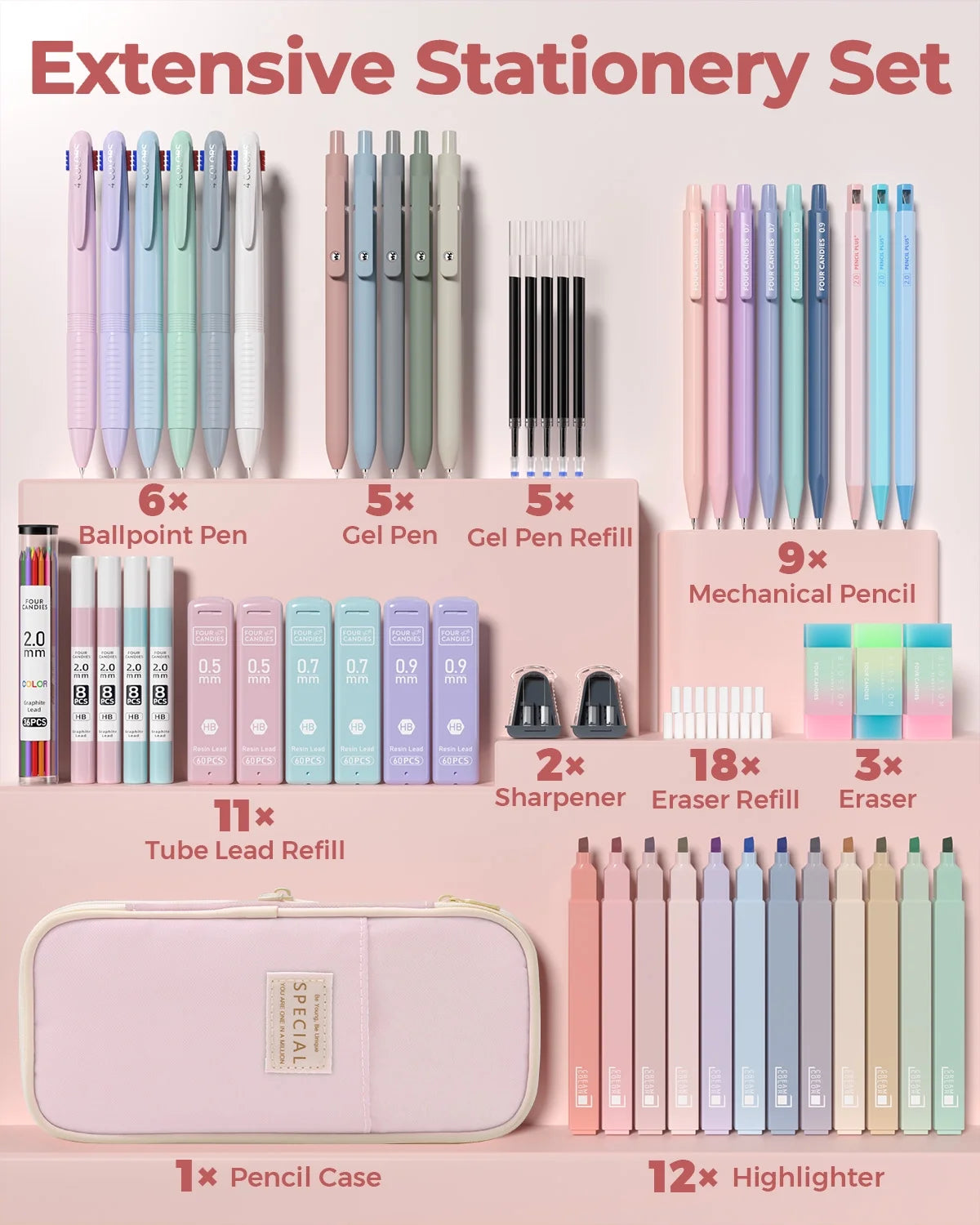 56 PCS Aesthetic Supplies with Large Pencil Case, 6 Colored Ballpoint Pens, 12 Pastel Highlighters, 5 Black Ink Gel Pens, 9 Mechanical Pencils 0.5-2.0Mm Essentials (Pink)