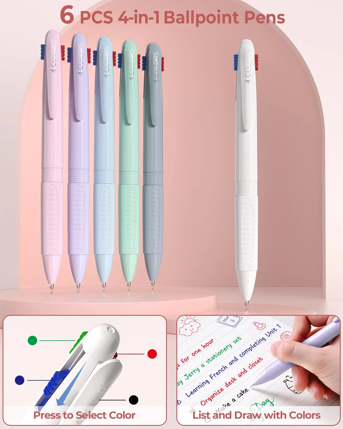 56 PCS Aesthetic Supplies with Large Pencil Case, 6 Colored Ballpoint Pens, 12 Pastel Highlighters, 5 Black Ink Gel Pens, 9 Mechanical Pencils 0.5-2.0Mm Essentials (Pink)