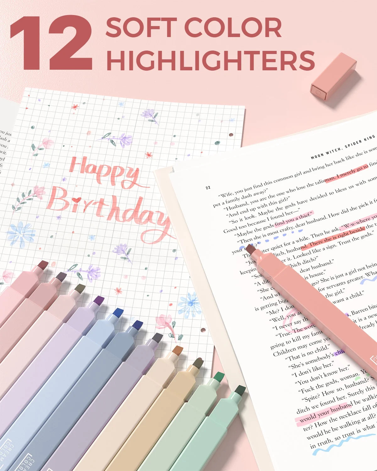 56 PCS Aesthetic Supplies with Large Pencil Case, 6 Colored Ballpoint Pens, 12 Pastel Highlighters, 5 Black Ink Gel Pens, 9 Mechanical Pencils 0.5-2.0Mm Essentials (Pink)